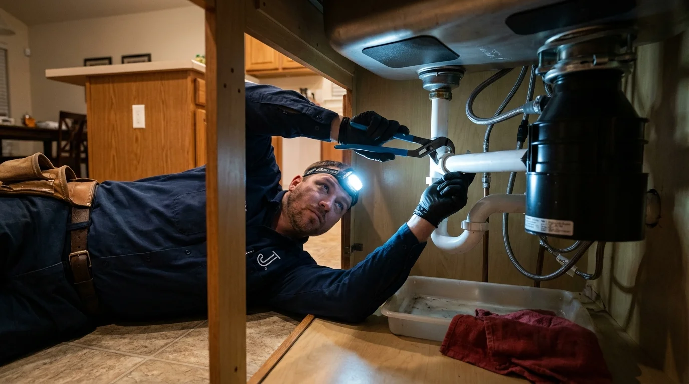 P-trap and supply line connections under a kitchen sink showing a common leak point in Colstrip, MT